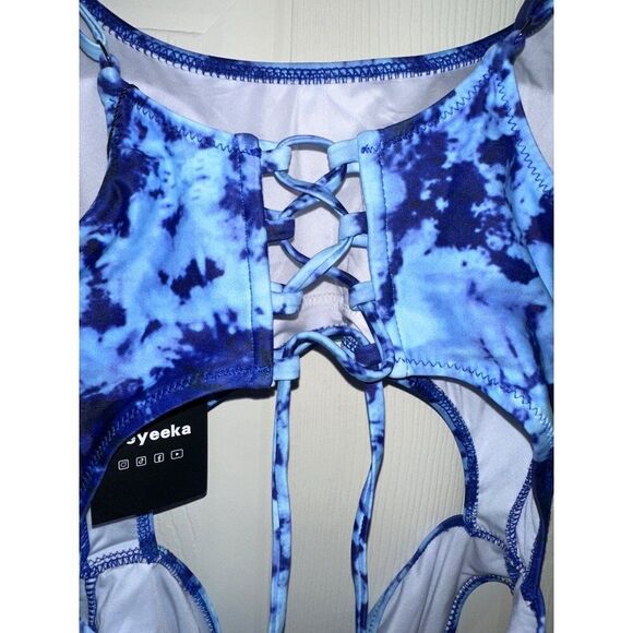 Meyeeka Scoop Neck Cut Out Front Lace Up Back Tie Dye One Piece Swimsuit Sz M - Picture 11 of 13